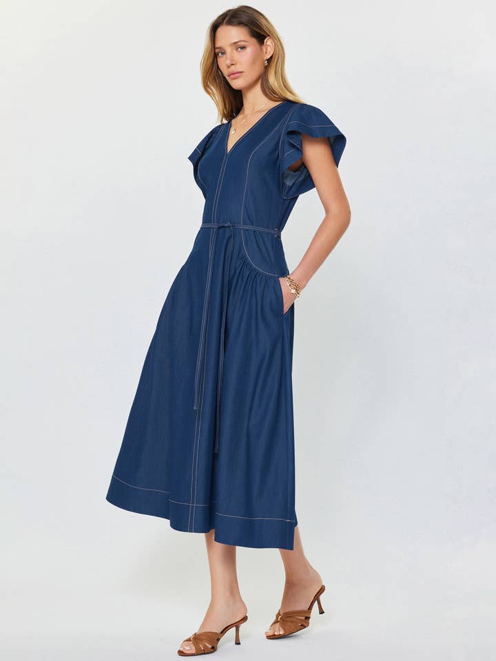 FLUTTER SLEEVE VNECK ALINE MIDI DRESS