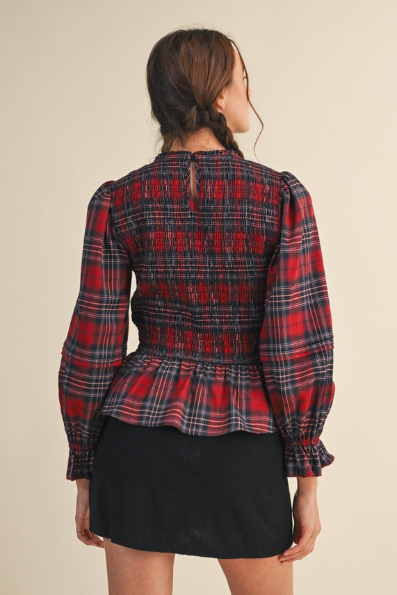 SMOCKED PLAID TOP