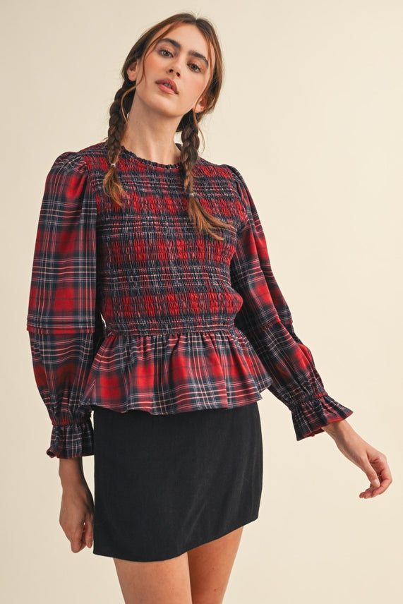 SMOCKED PLAID TOP