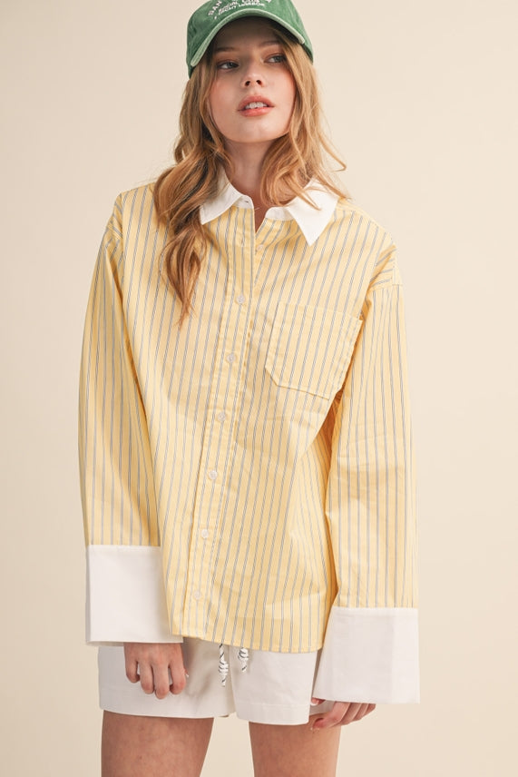 STRIPED WIDE CUFF BUTTON DOWN SHIRT