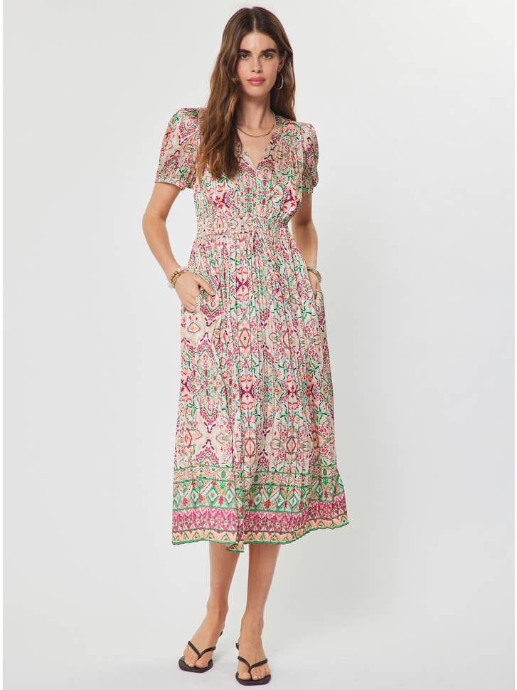 PRINTED PLEATED VNECK MIDI DRESS