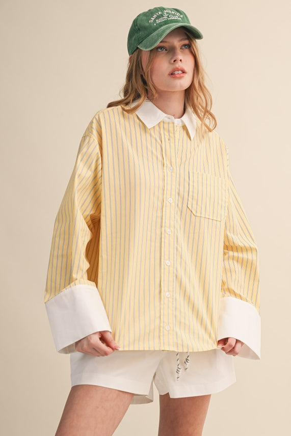 STRIPED WIDE CUFF BUTTON DOWN SHIRT