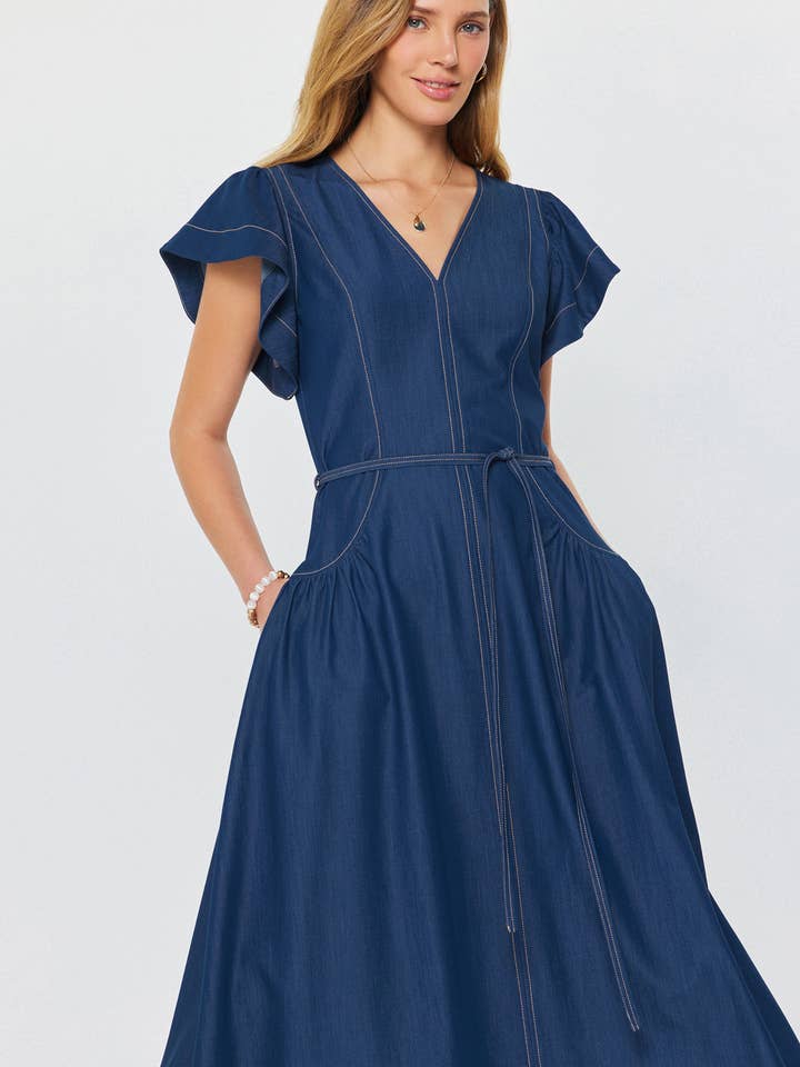 FLUTTER SLEEVE VNECK ALINE MIDI DRESS