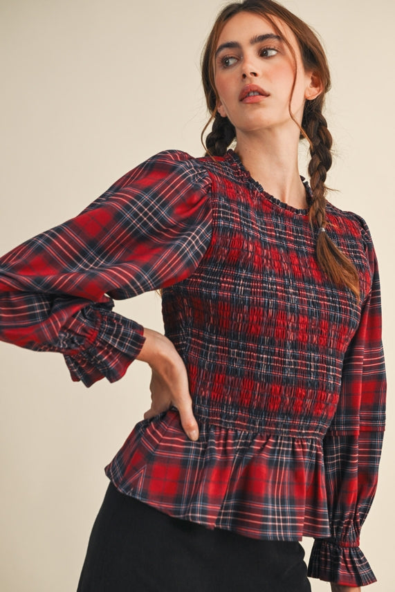 SMOCKED PLAID TOP
