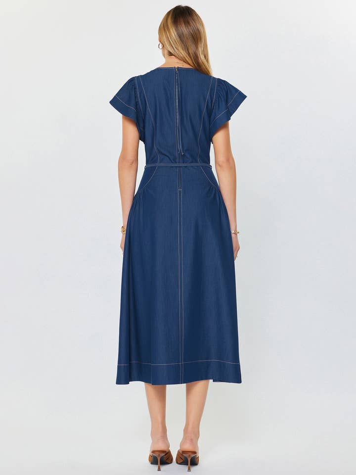 FLUTTER SLEEVE VNECK ALINE MIDI DRESS
