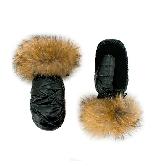 NYLON MITTENS W/ FOX TRIM