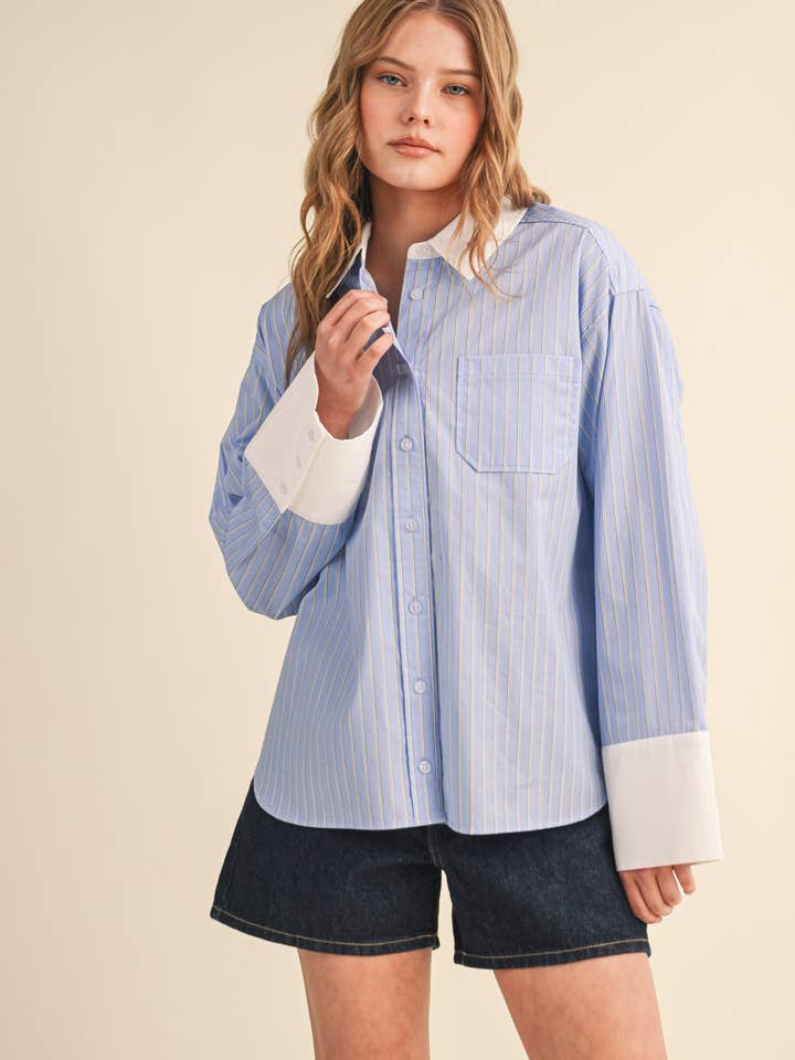 STRIPED WIDE CUFF BUTTON DOWN SHIRT