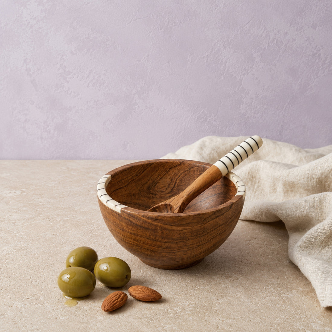 OLIVE WOOD/BONE BOWL SPOON SET