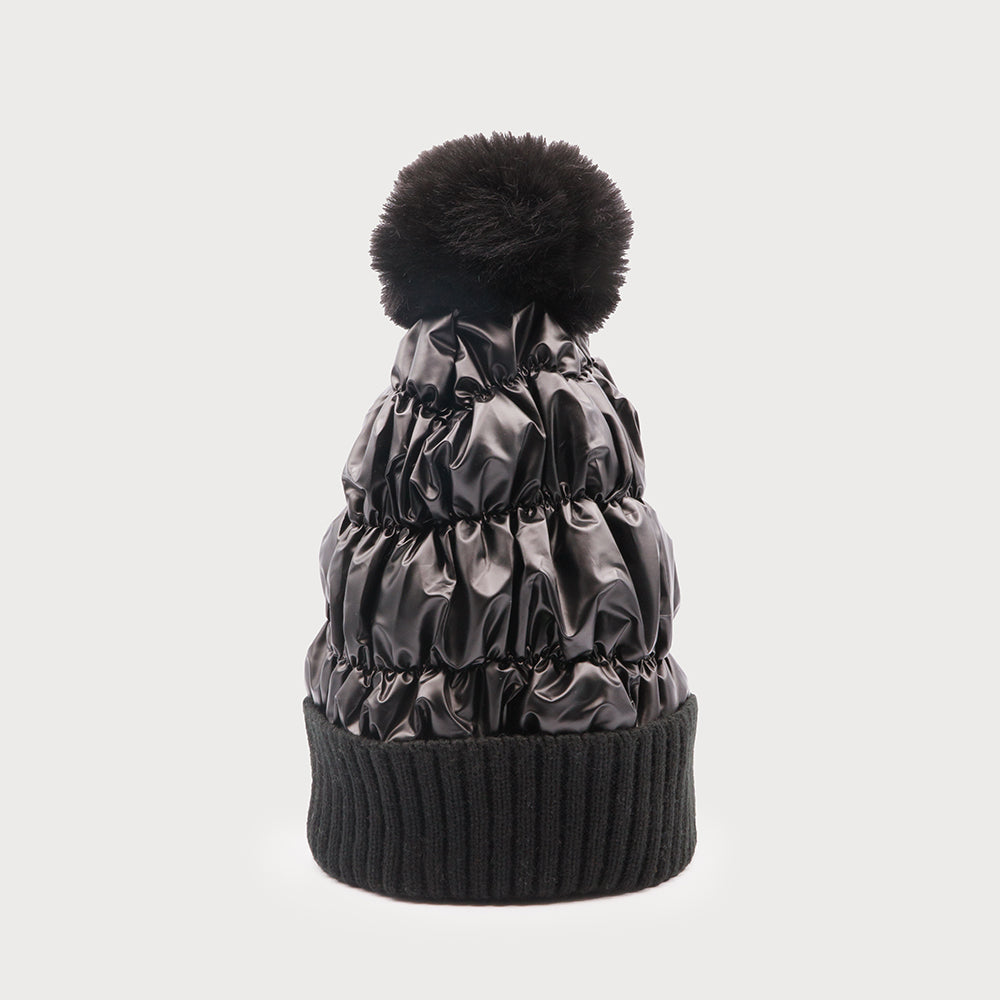 QUILTED HAT FAUX FUR POM