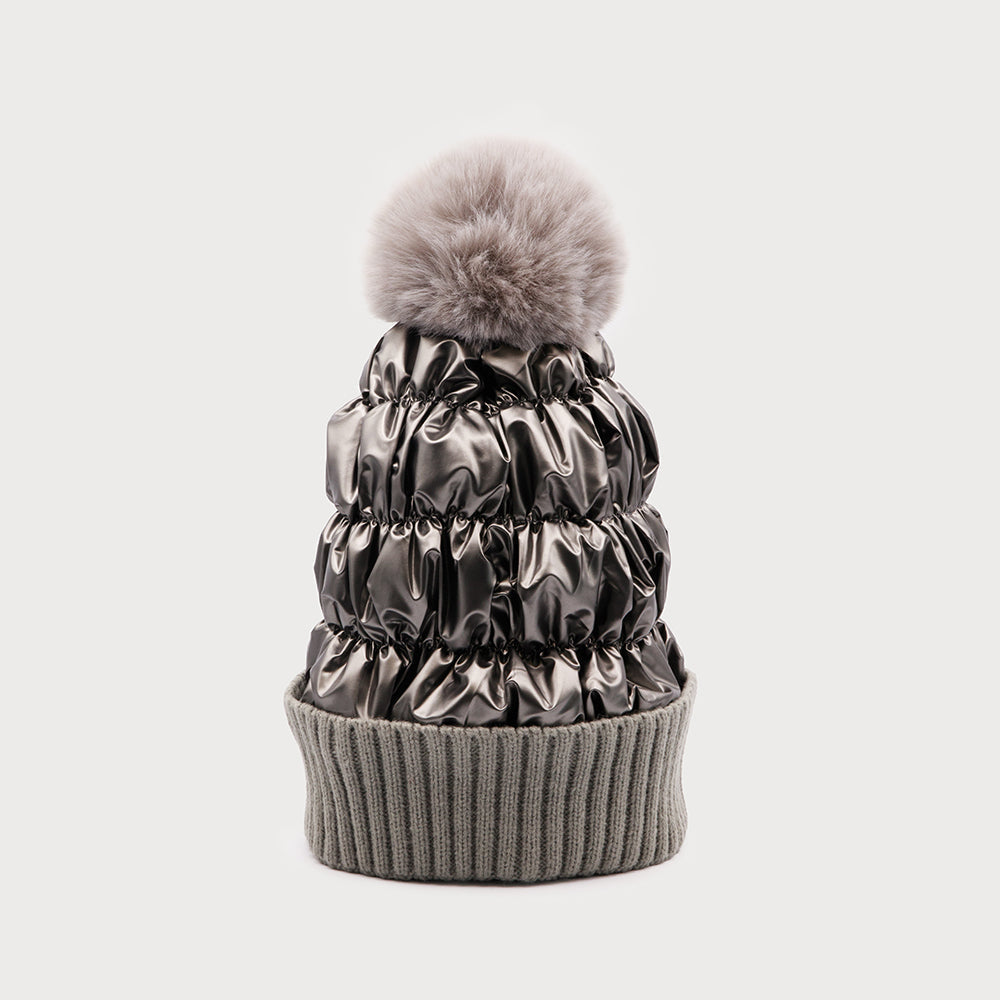 QUILTED HAT FAUX FUR POM