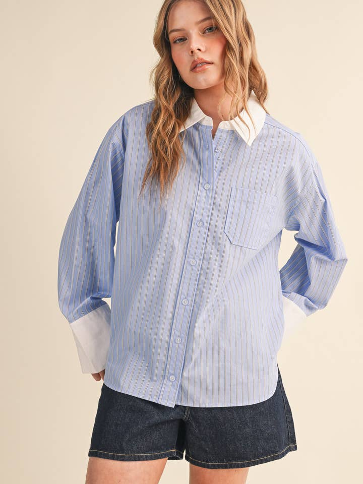 STRIPED WIDE CUFF BUTTON DOWN SHIRT