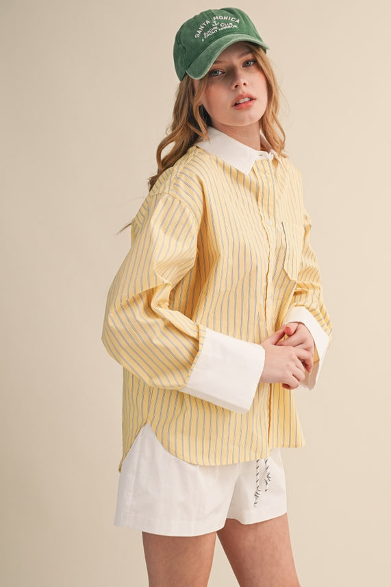 STRIPED WIDE CUFF BUTTON DOWN SHIRT