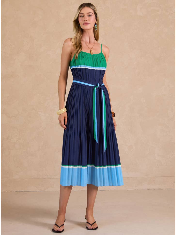 COLOR BLOCK PLEATED MAXI DRESS