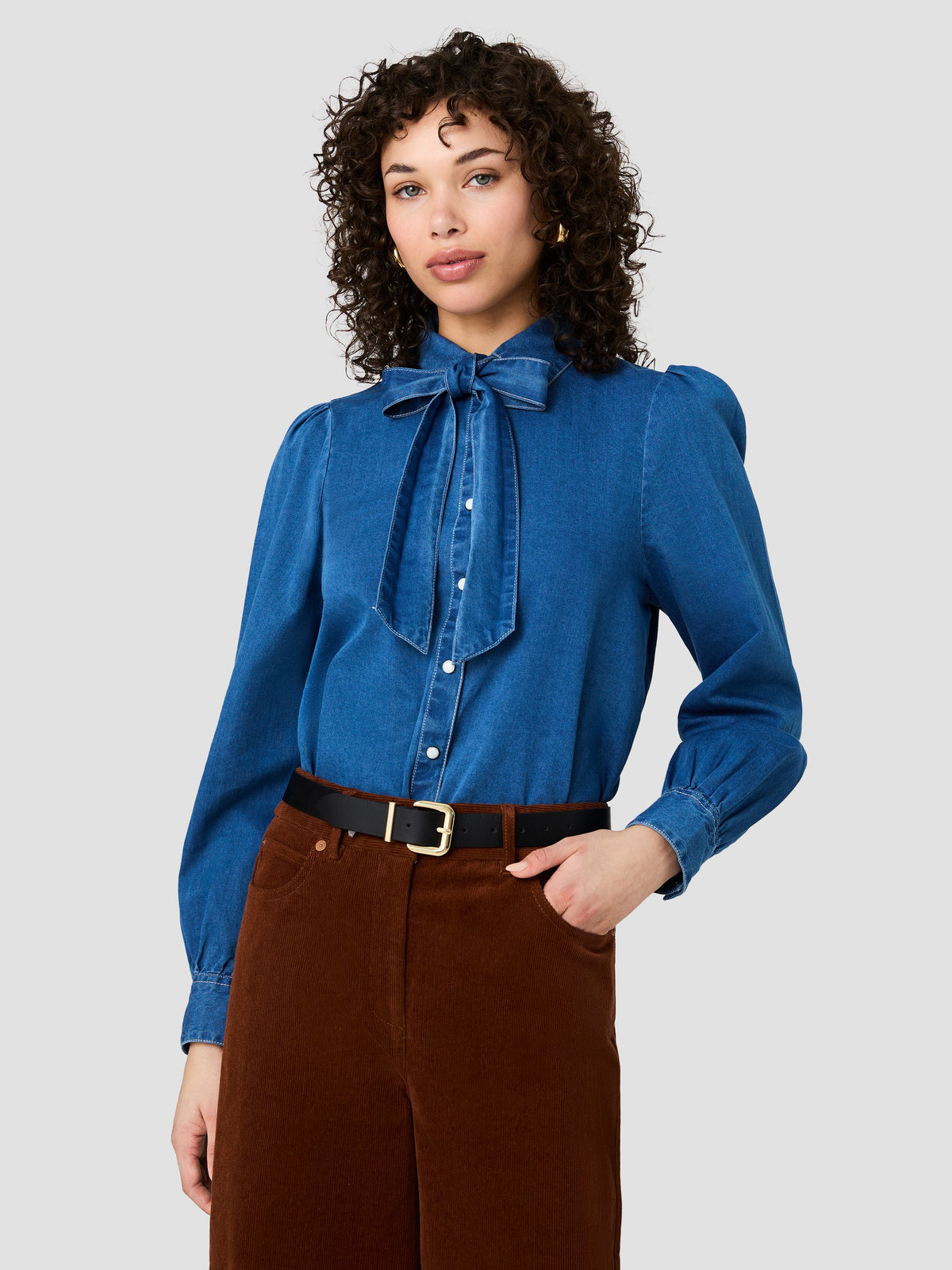 ZAVES CHAMBRAY BOW LONG SLEEVE TOP