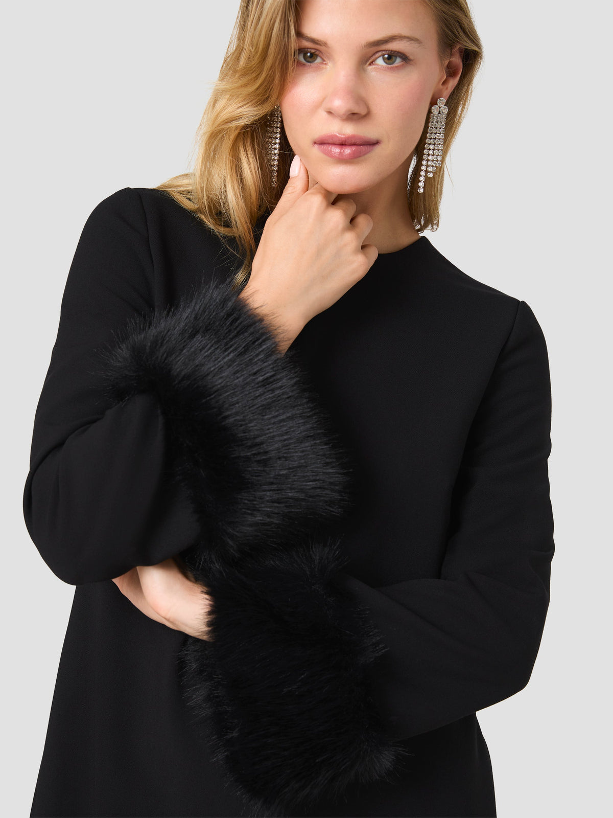 FAUX FUR TRIMMED MINI DRESS