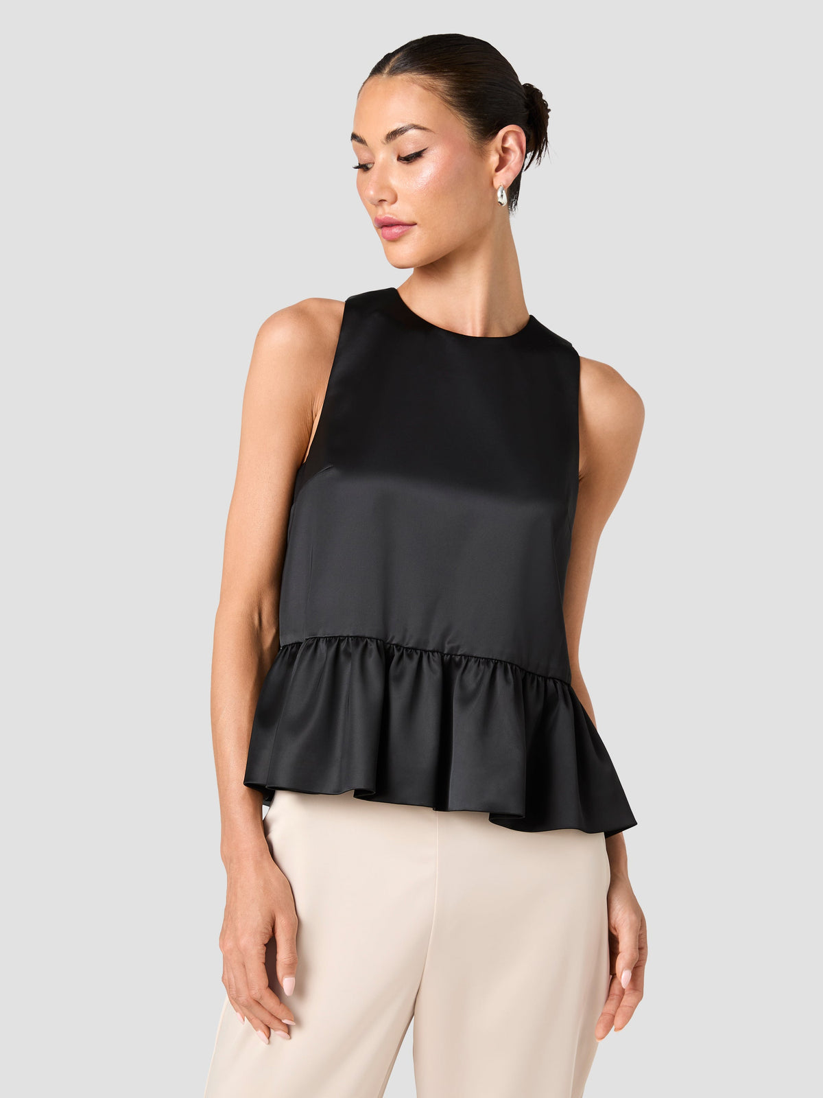 CAREY SATIN SLEEVELESS PEPLUM TOP