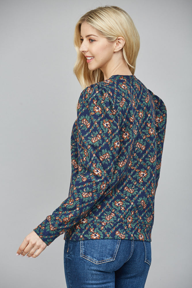 JAQUARD FLORAL PUFF SLEEVE TOP