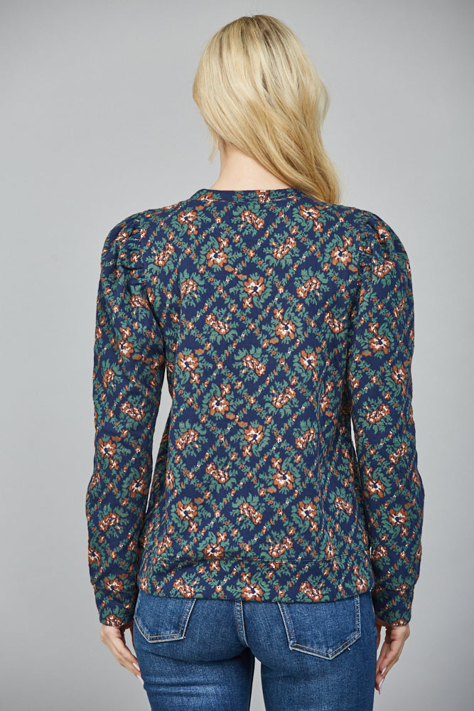 JAQUARD FLORAL PUFF SLEEVE TOP