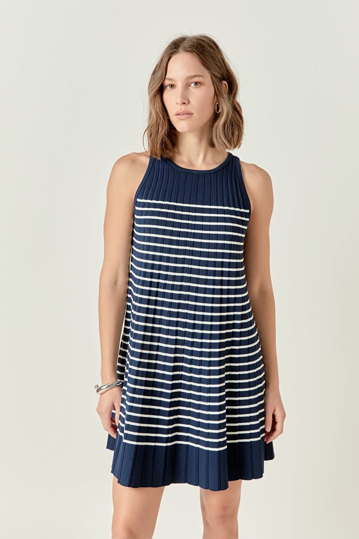PLEATED A LINE STRIPE KNIT DRESS