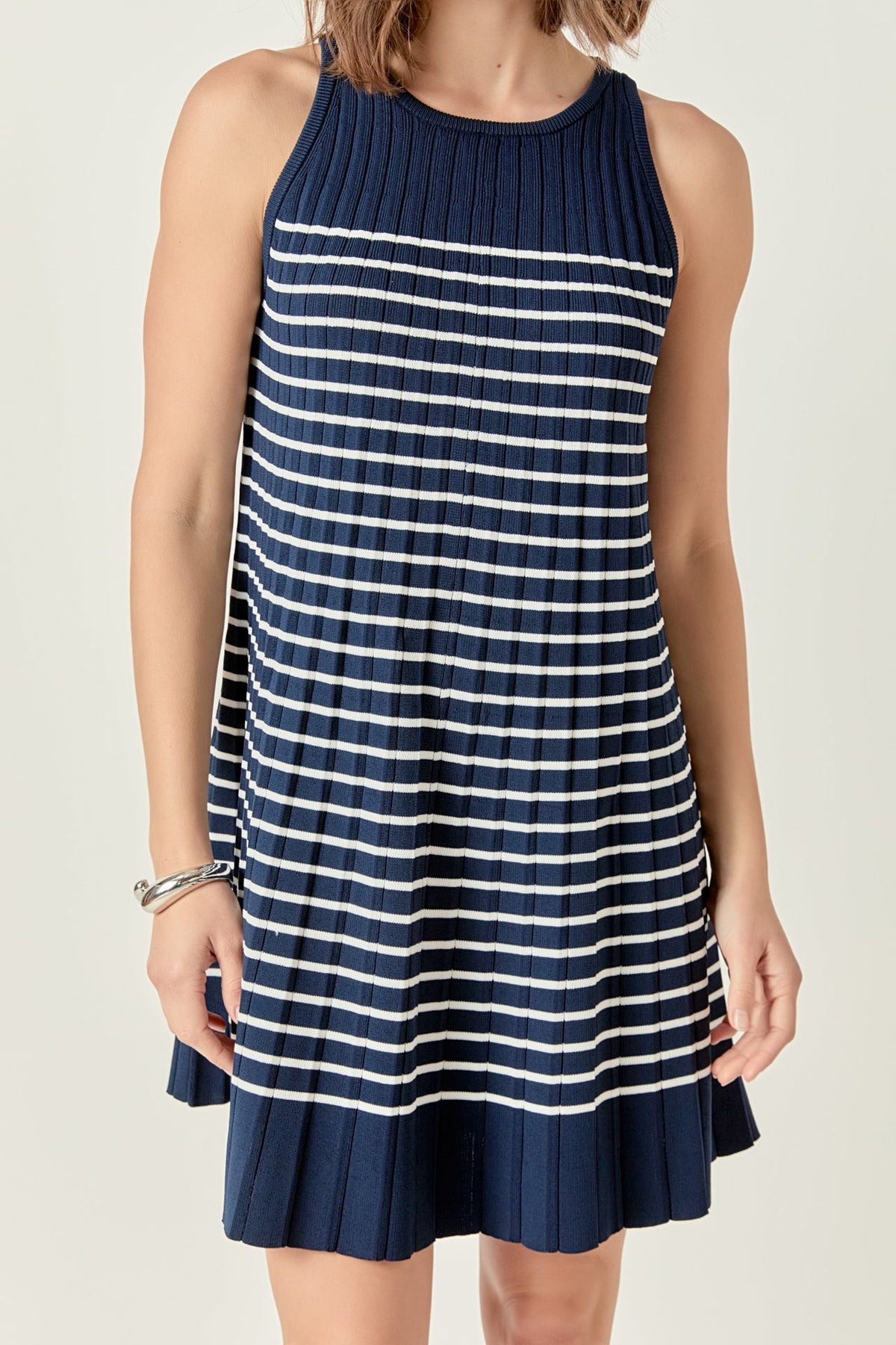 PLEATED A LINE STRIPE KNIT DRESS
