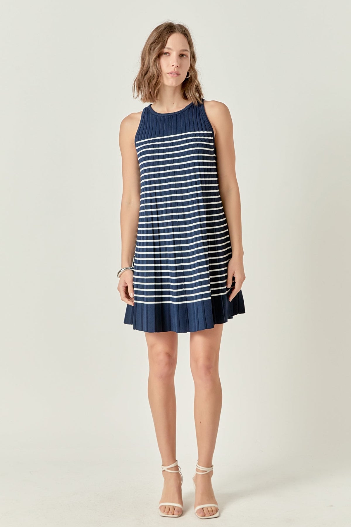 PLEATED A LINE STRIPE KNIT DRESS