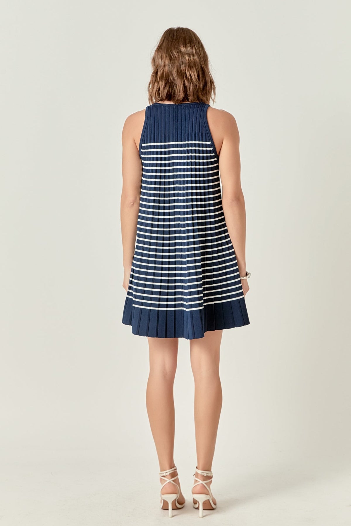 PLEATED A LINE STRIPE KNIT DRESS
