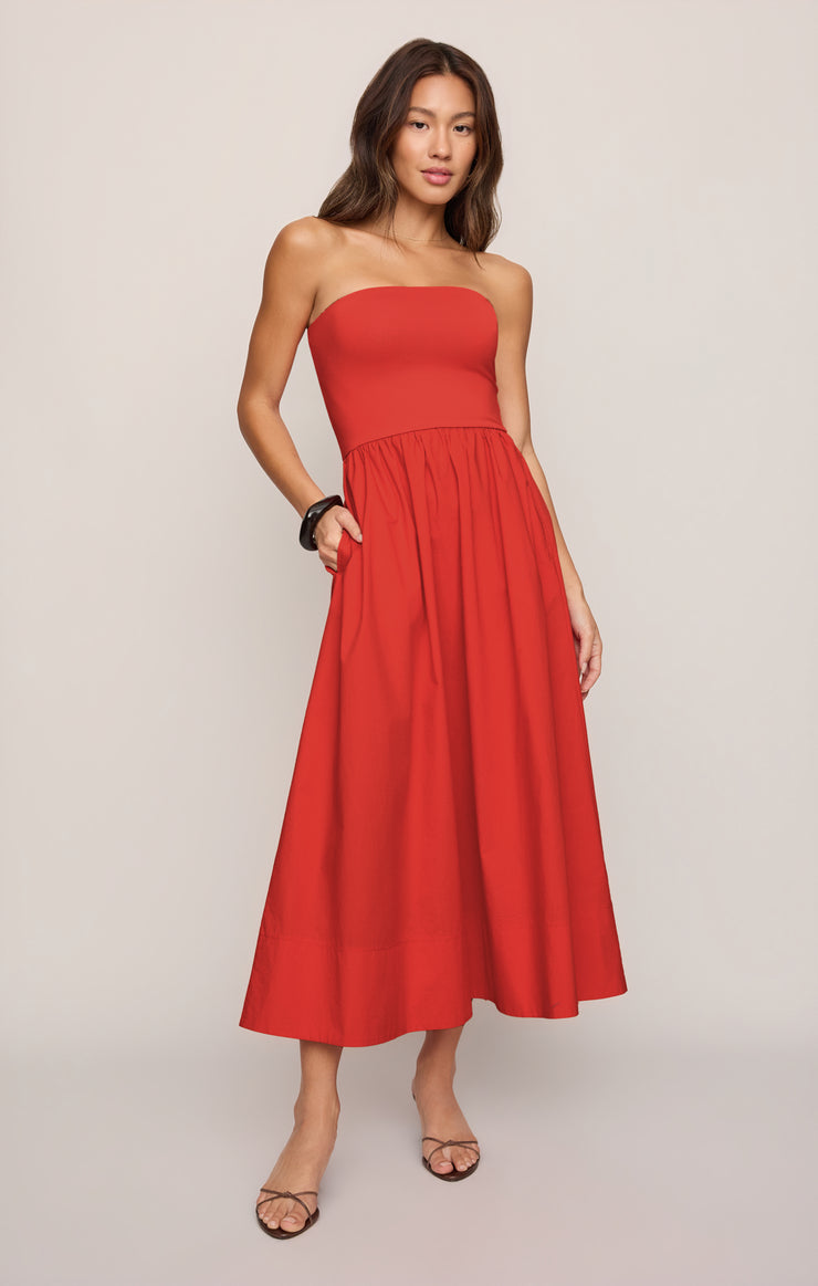 SUNSOUGHT STRAPLESS MIDI DRESS