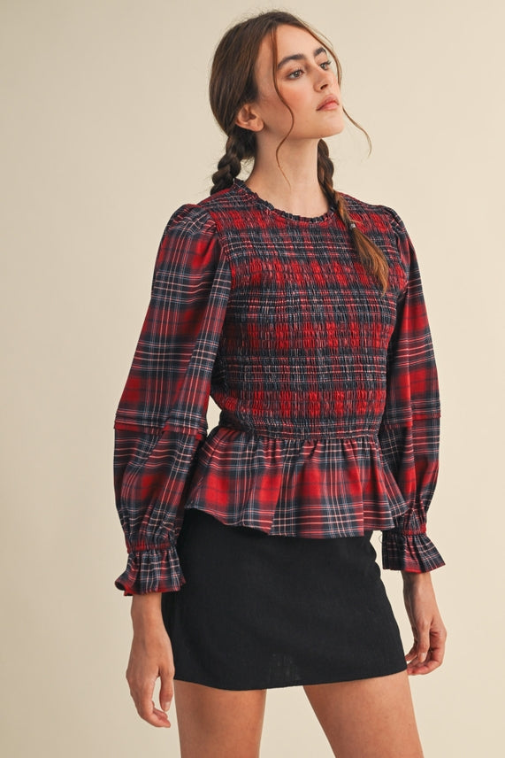 SMOCKED PLAID TOP
