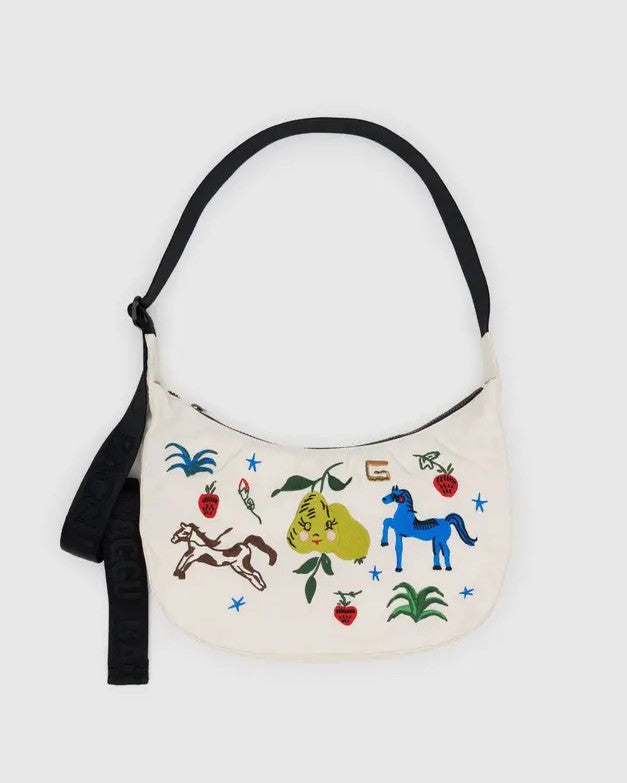 MEDIUM NYLON EMBROIDERED CRESCENT BAG