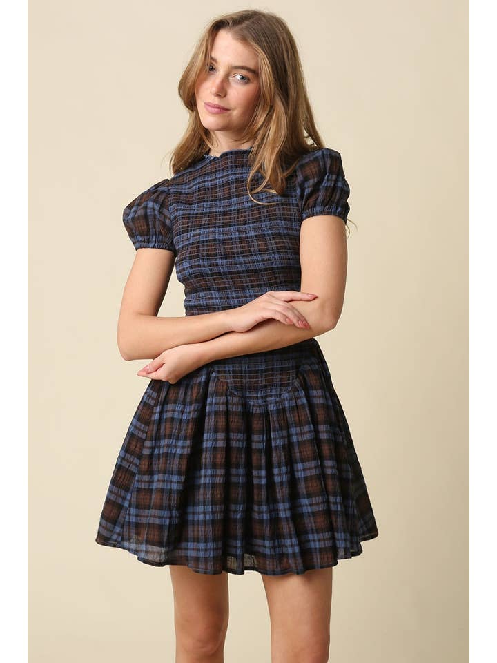 PLAID SMOCKED MINI DRESS