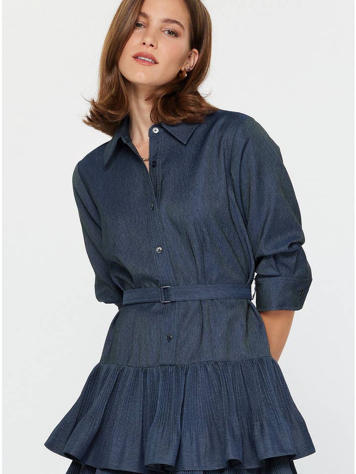 TIERED PLEATED BUTTON UP DRESS