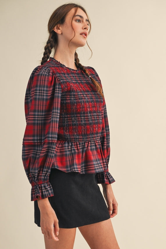 SMOCKED PLAID TOP