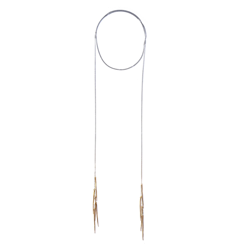 TWIST SPIKE FRINGE LARIAT SILVER/BRASS