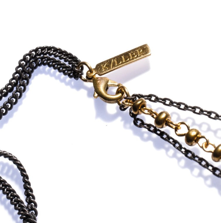 LAYERED BRASS ROSARY QUILL DROP NECKLACE