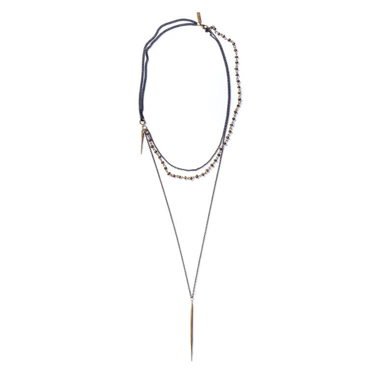 LAYERED BRASS ROSARY QUILL DROP NECKLACE