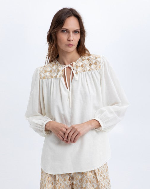 LS TIE BLOUSE FLAKES