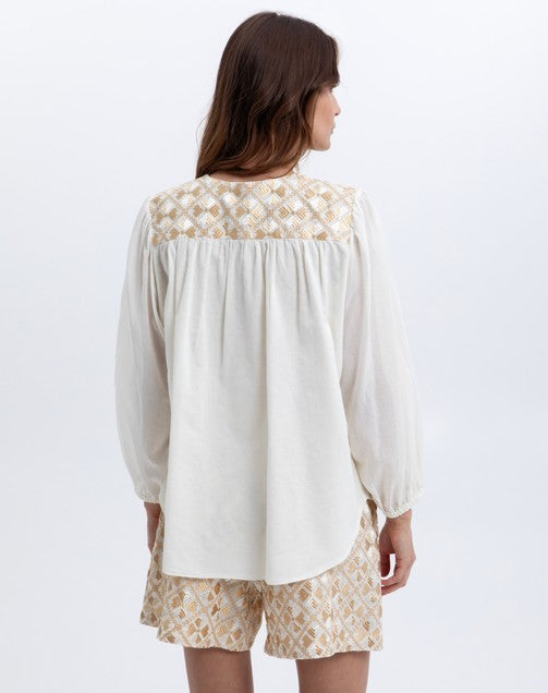 LS TIE BLOUSE FLAKES