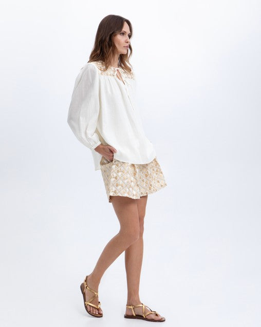 LS TIE BLOUSE FLAKES
