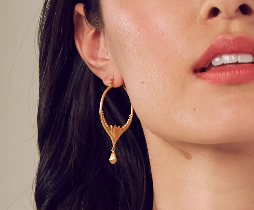 GOLD LOTUS DROP HOOPS