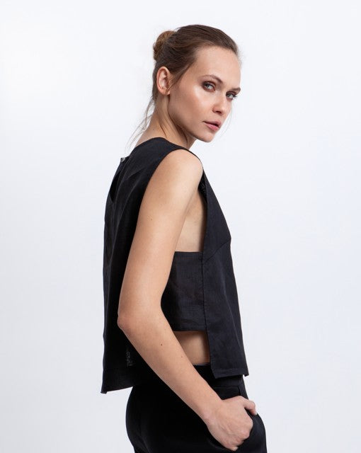 SLEEVELESS SIDE CUTOUT LINEN TANK